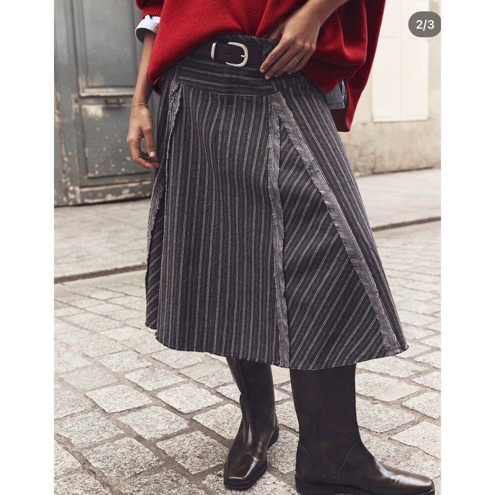 Free People Amelia Midi Skirt Pinstripe Gray US 12 NEW - Picture 2 of 6